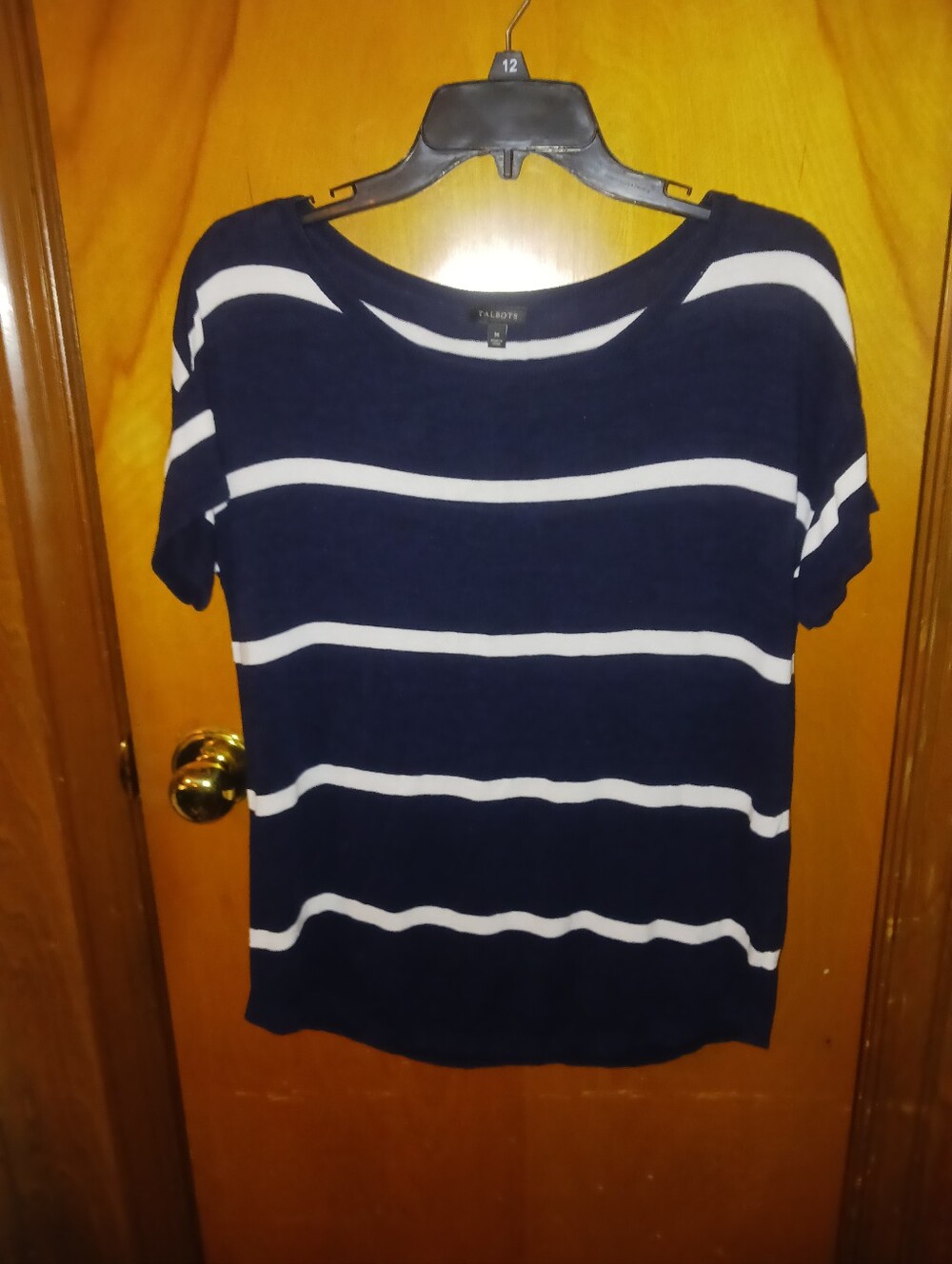Talbots Navy & White Striped Knit Short-Sleeve Top